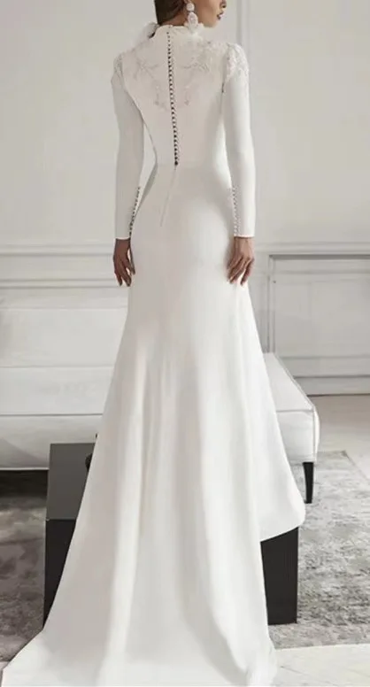 Custom Elegant Mermaid Wedding Dress V Neck Backless Full Sleeve Floor Length Gowns wedding dresses