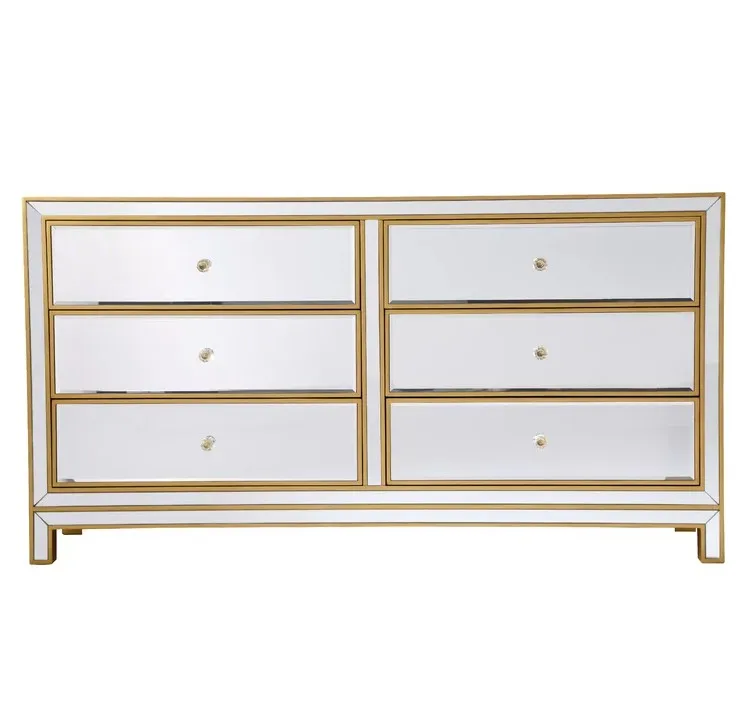 High Quality Modern Fashionable 6 Drawer Double Dresser Crystal Handle Living Room Cabinets Mirrored Chest of Drawer