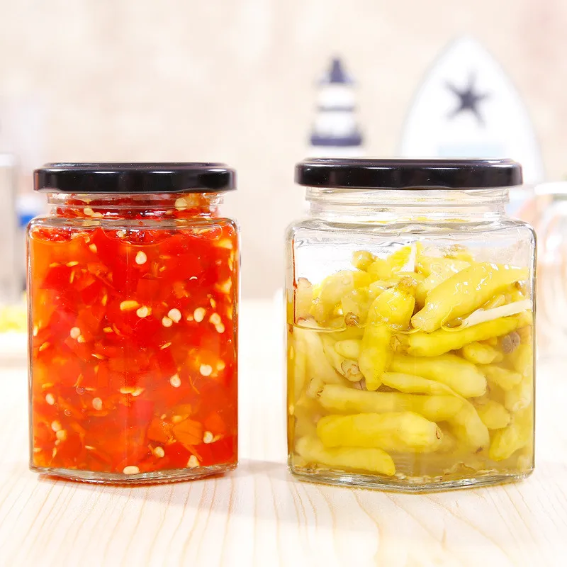 Wholesale Empty Hexagon Airtight Food Storage Container Set 100ml 280ml 380ml 500ml Glass Pickle Jam Honey Jars with Metal Lid