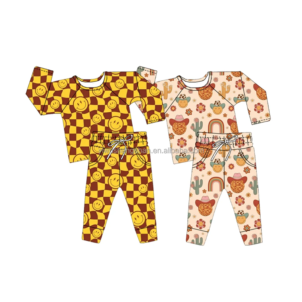 2024 Autumn Fall Baby Kids Clothing Set Ribbed Long Sleeve Jogger 2-Piece Casual Outfits Checkered Smiling Prints Suits for Boys