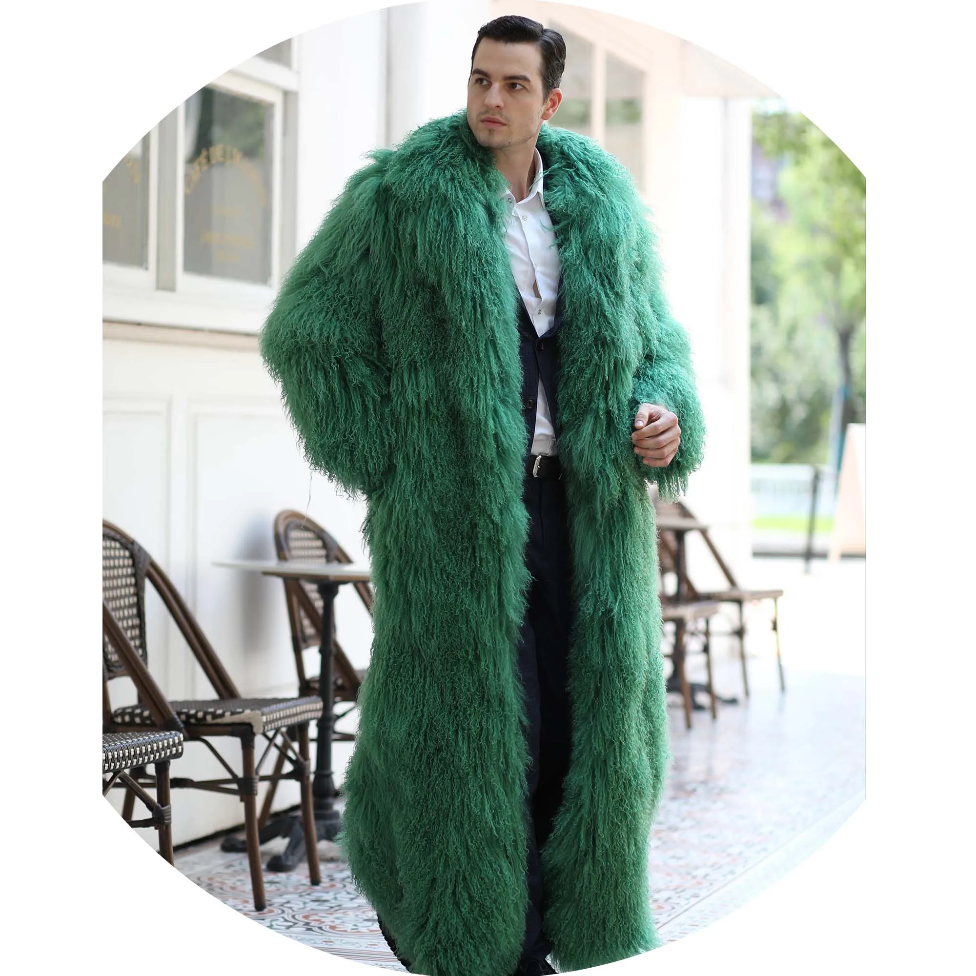 Big Size Hot Sell Fashion Winter Fur Overcoat Sheep Mongolian Fur Collar Long Coat For Men