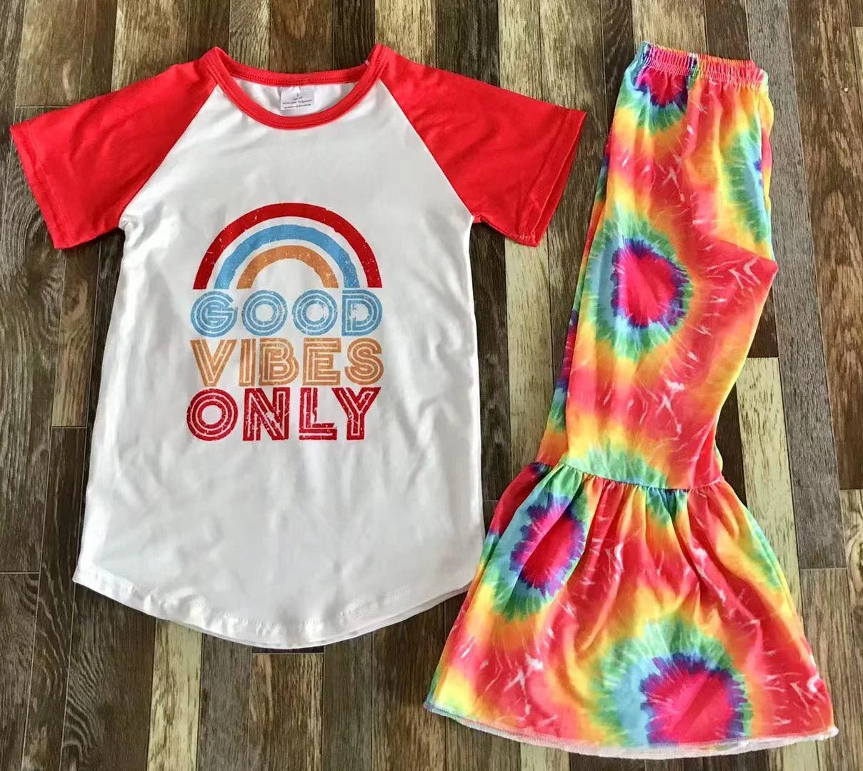 
fashion children clothing set colorful dyed printing good vibes only summer outfit 