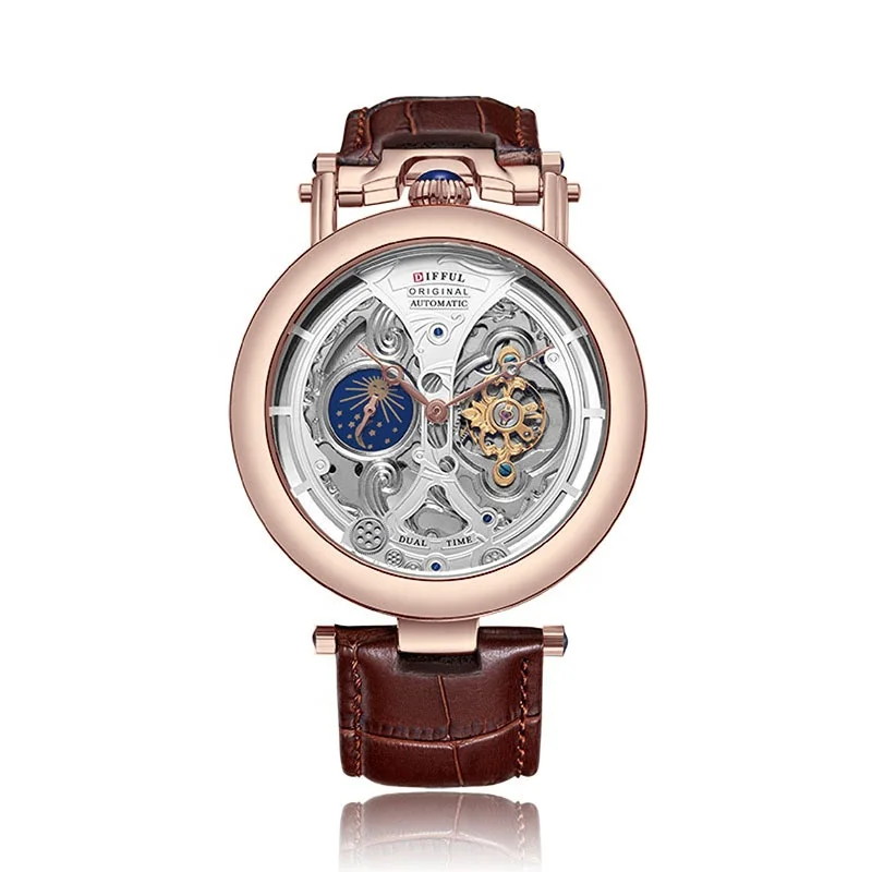 3D бас-рельеф циферблат Скелетон мужские часы фаза Луны Tourbillon кожаный Смарт-часы наручные Часы