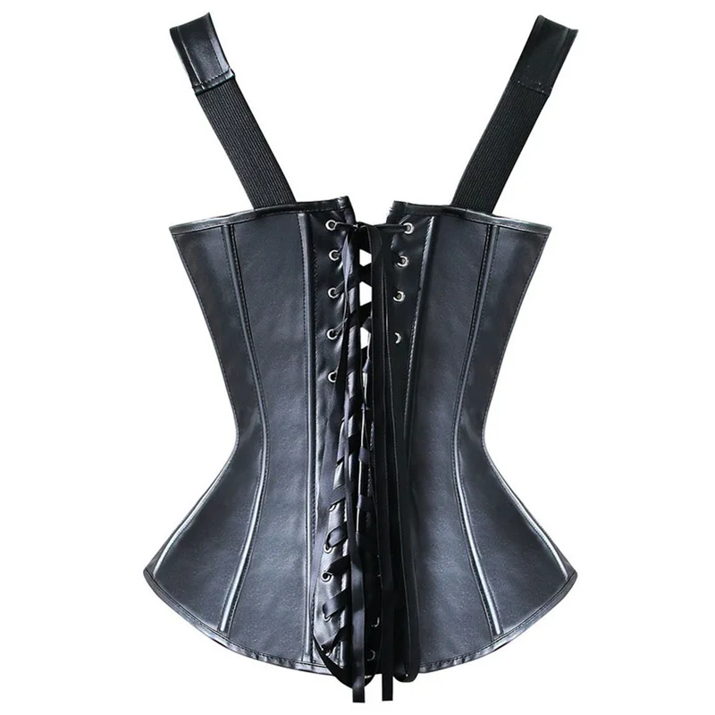 Court sexy leather shapewear belt with diamond buckle black leather wide shoulder strap Gothic tight fitting corset
