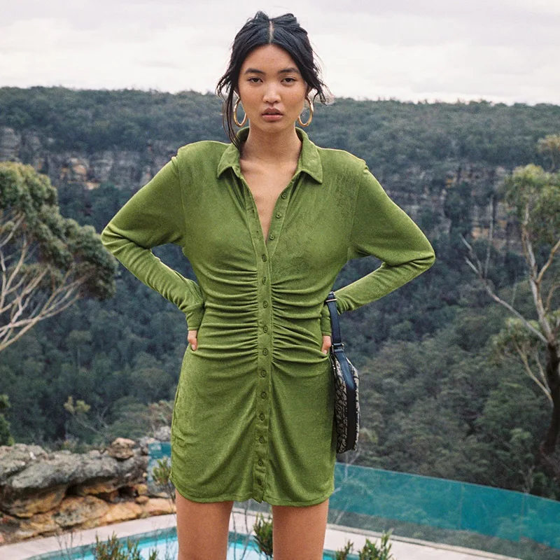 Turn-Down Collar Button Up Women Shirt Dresses Club Party Mini Dress Holiday 2021 Summer Streetwear