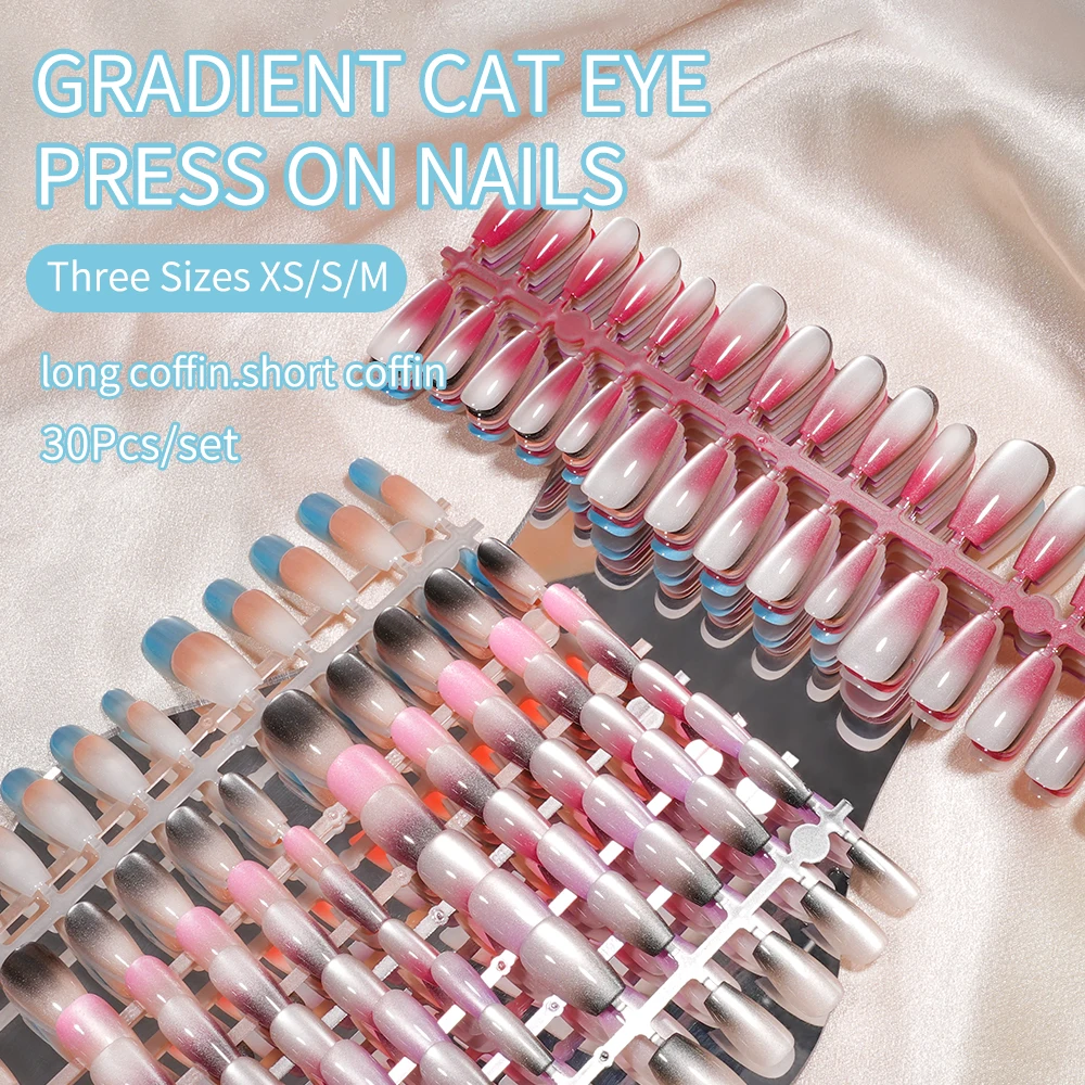 Wholesale Wear False nails 30pcs long and short Coffin Gradient Cat Eye Press on Nails Tip with glue sticker set