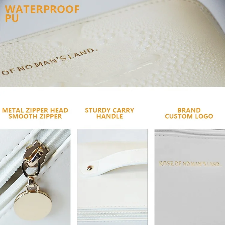 Custom Logo Waterproof  Women Portable Luxury Genuine Large Travel Cosmetic Pillow Wash Pouch PU Leather Makeup Toiletries Bag