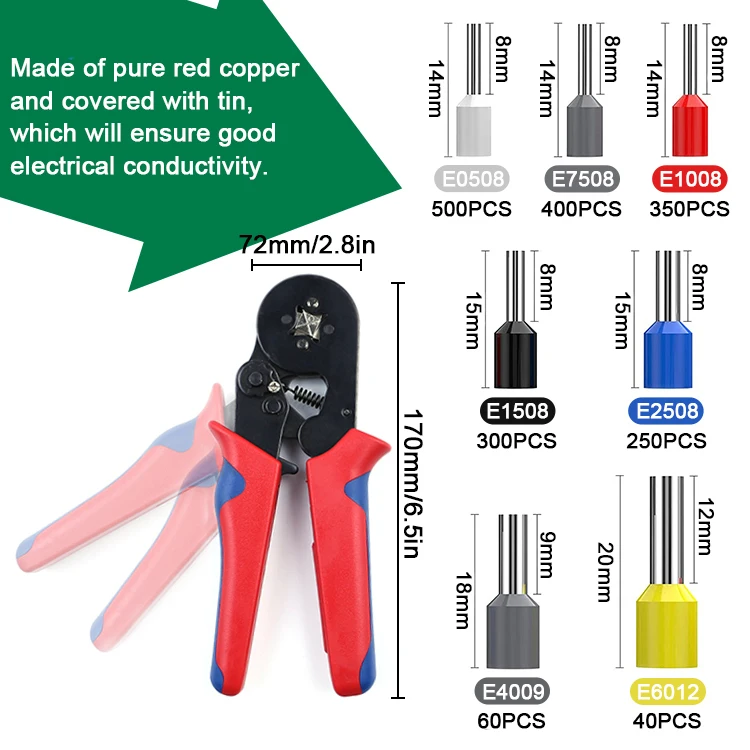 1900pcs HSC8 6-4A E0508 E7508 E1008 E1508 E2508 E40089 E6012 copper wire crimping connectors & terminals kit