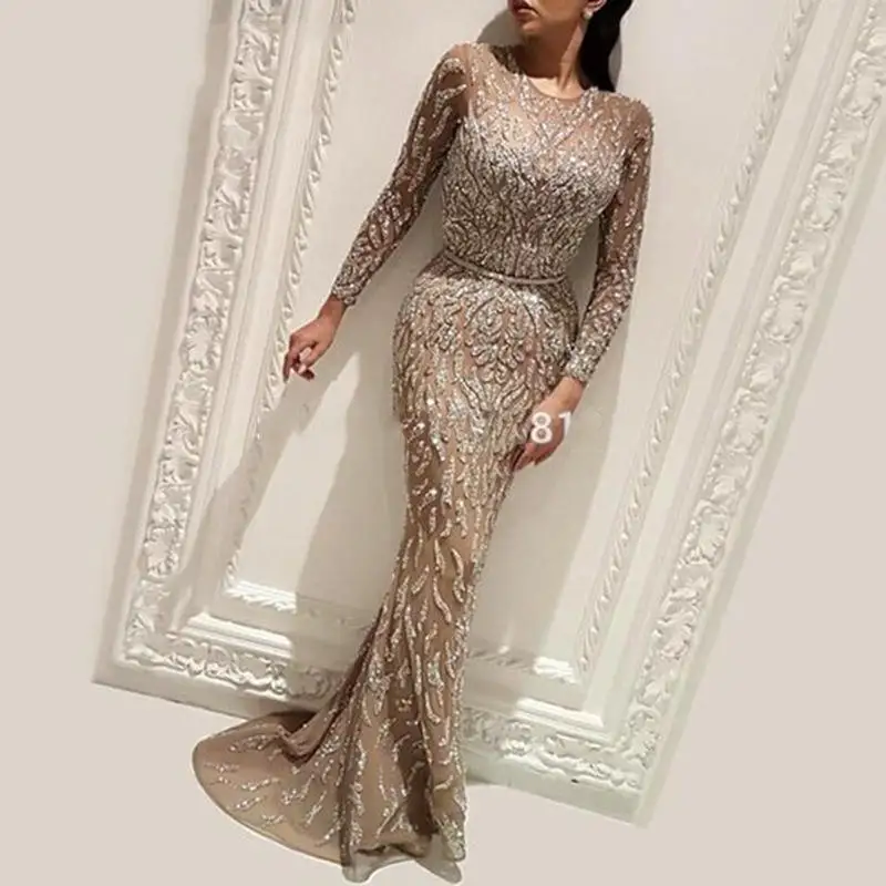 2XL Plus Size Fat Elegant, Women Evening Dresses Brides Clothing Long Sleeve Party Maxi Sequin Evening Dress