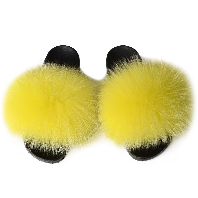 
Wholesale new style fluffy women real fox fur slides soft bedroom fur slippers 