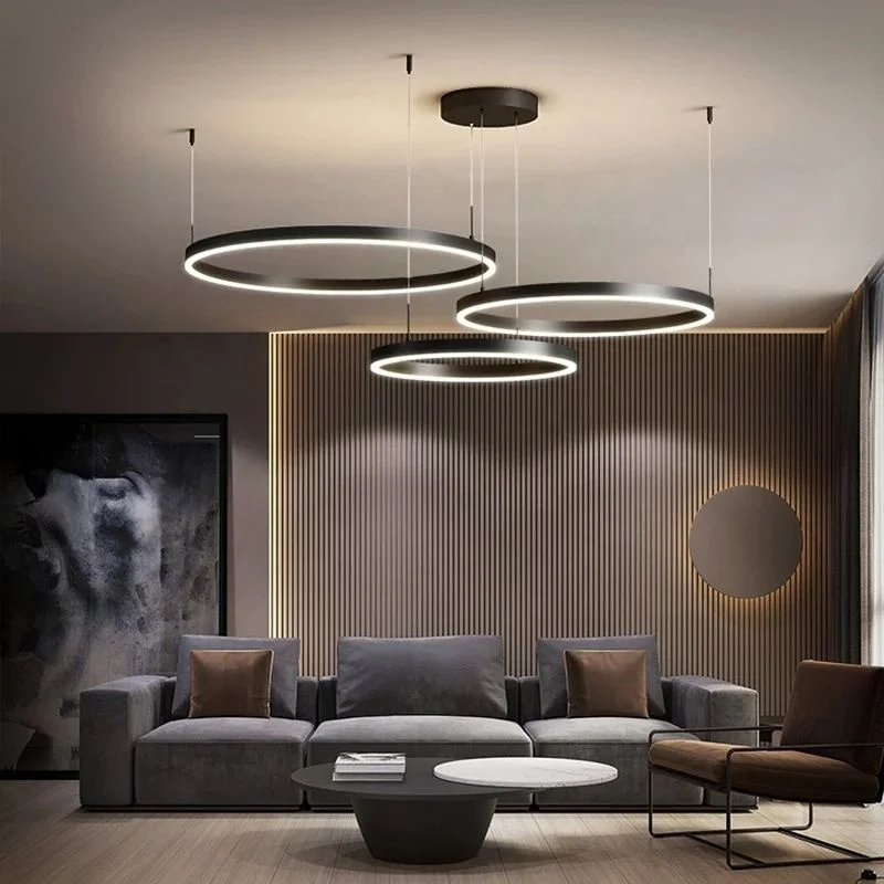 Modern Simple Black LED Chandelier for Living Room Dining Kitchen Bedroom Home Pendant Lamp Round Ring Design Hanging Light
