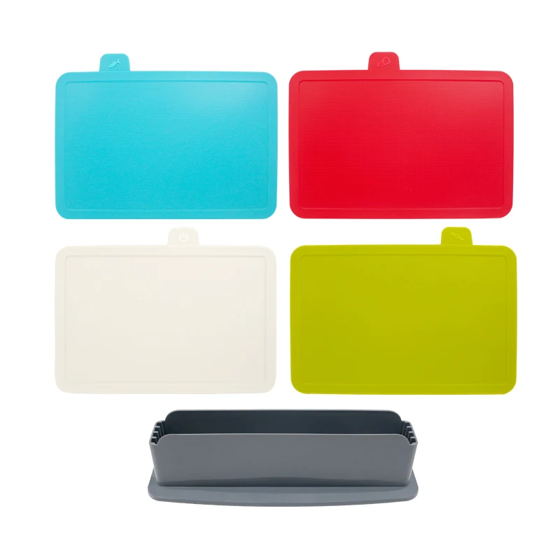 Food grade 4pcs set plastic non-slip food icons index cutting board with stand