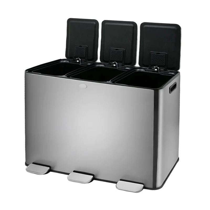 2 And 3 Compartments Recycling Bin 90L With Soft Closing Function Kitchen Stainless Steel Large Recycle Waste Bins Trash Can