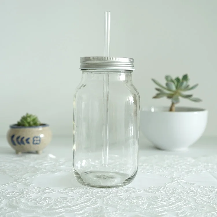Decorative printed logo glass mason jar with straw lid custom