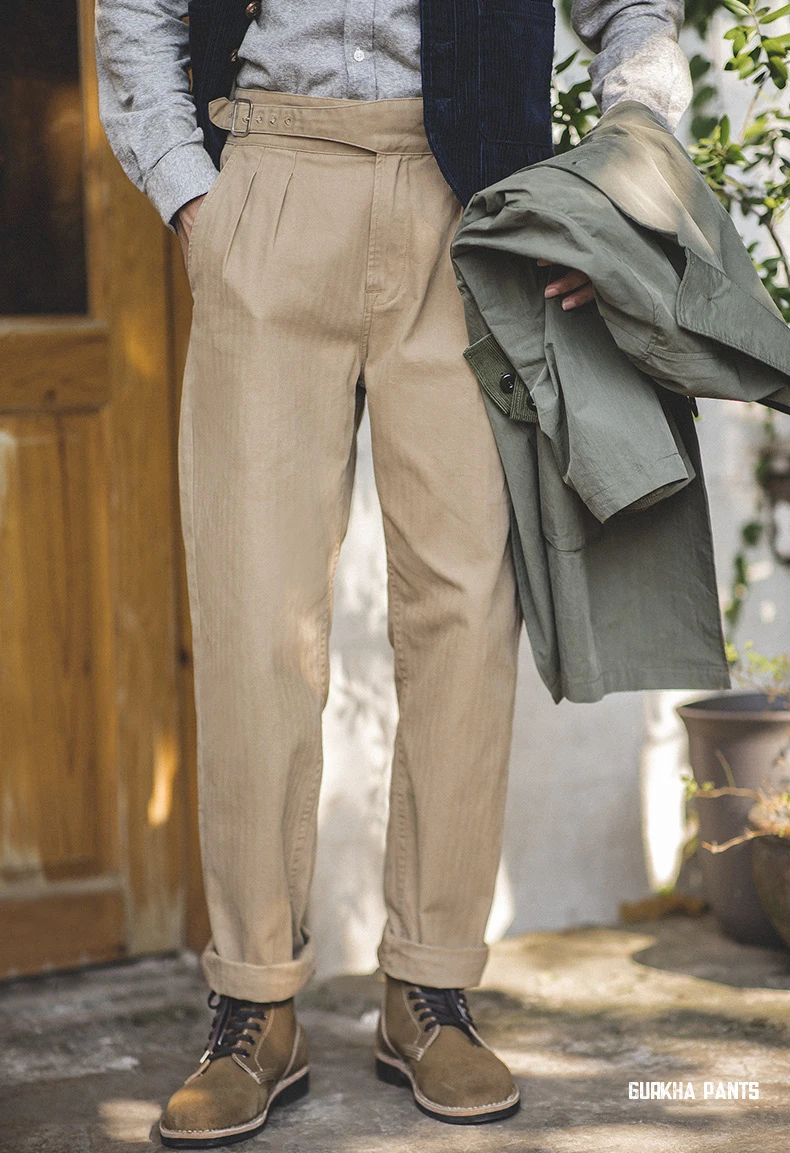 Vintage high waist Gurkha straight Naples pants casual custom embroidery logo 100% cotton khaki private label trousers
