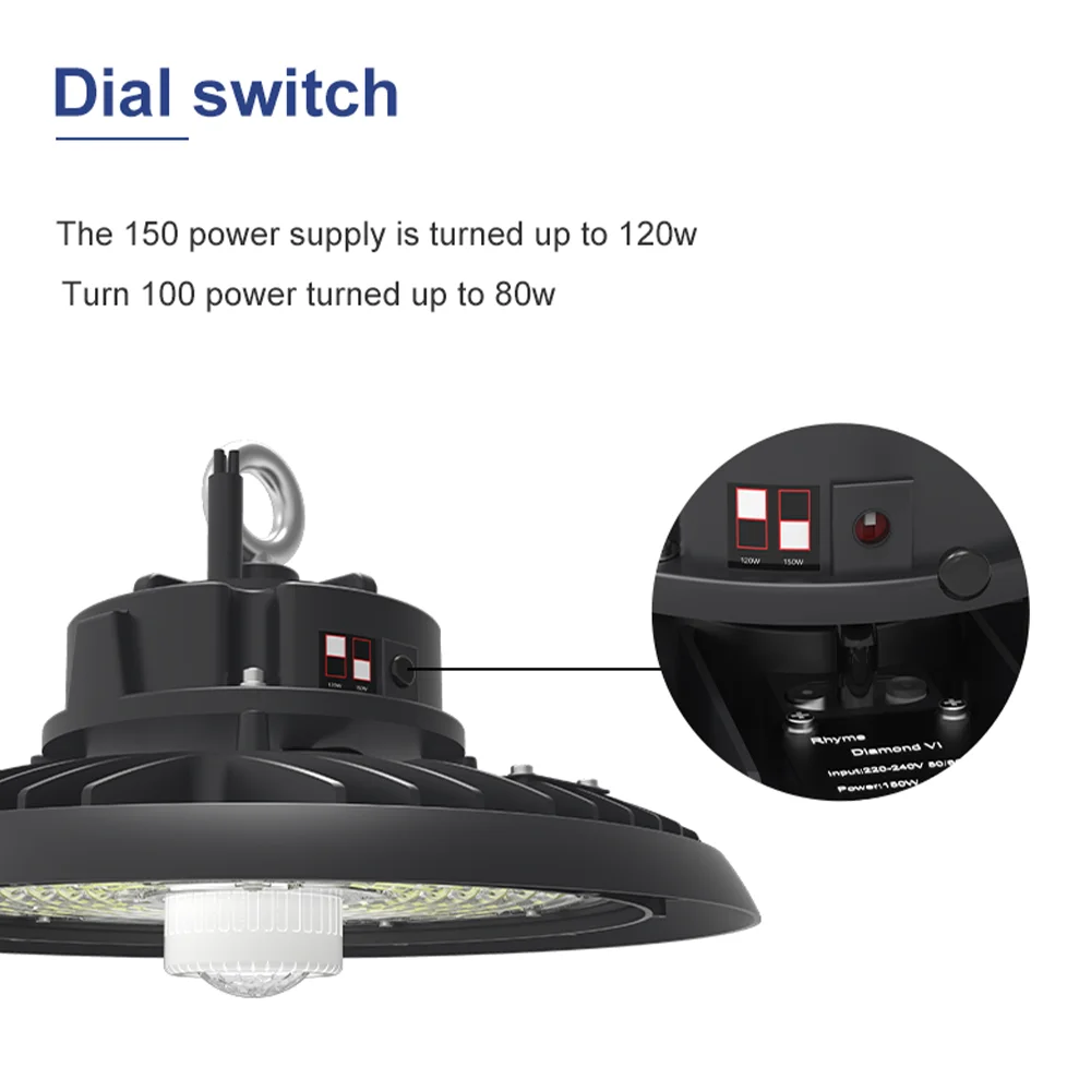 Rhyme hot sale industrial warehouse lighting led strip ufo high bay light 140lm 300w for workshop