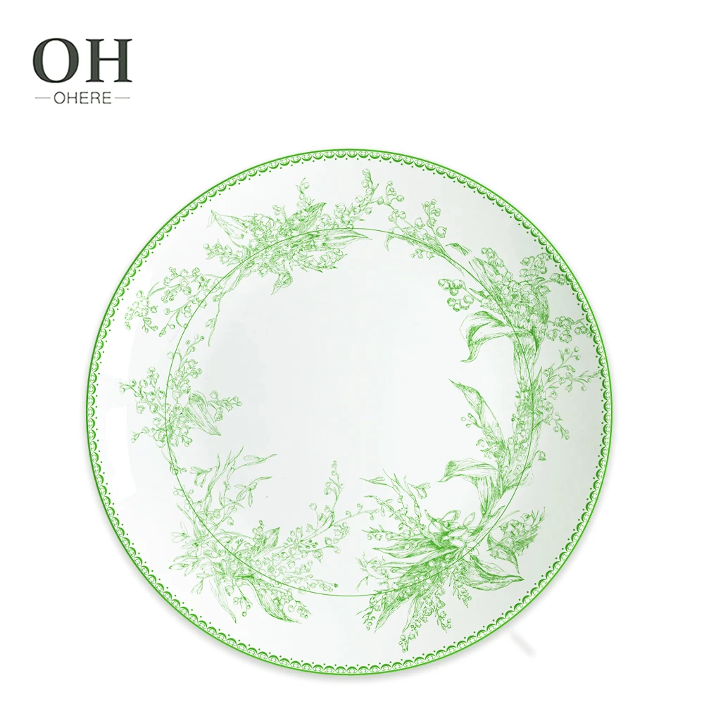 Green Floral Dinner Set Country Style Plate Set Dinnerware Luxury Bone China Tableware for Catering&Rental&Event