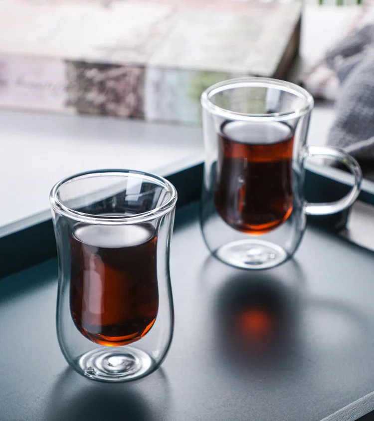 Wholesale Customized Logo Large 80ml Clear  Double Wall Glass Coffee Tea Cups Mugs With Handle