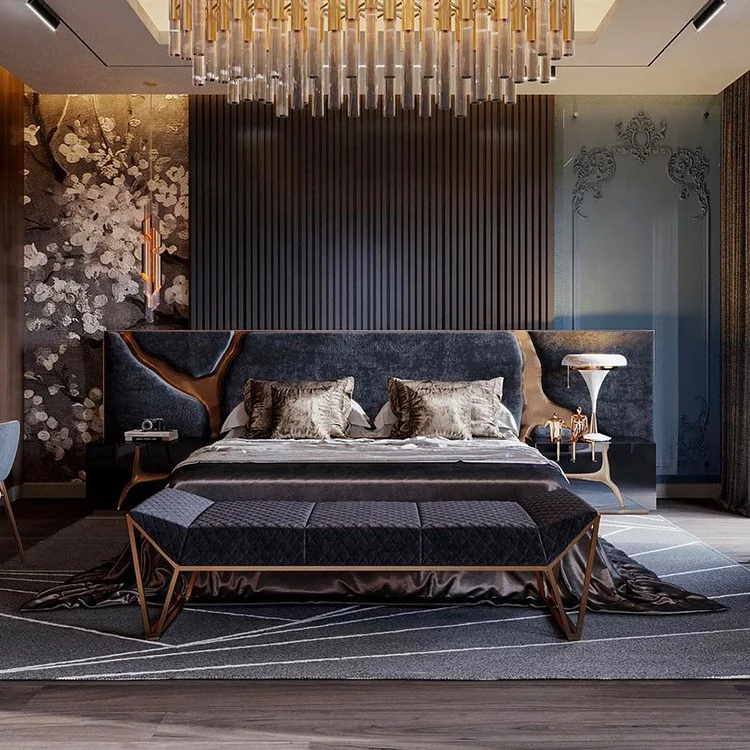 Wholesale full set single twin queen king size bedroom furniture linen fabric bed for Modern 5 star hotel