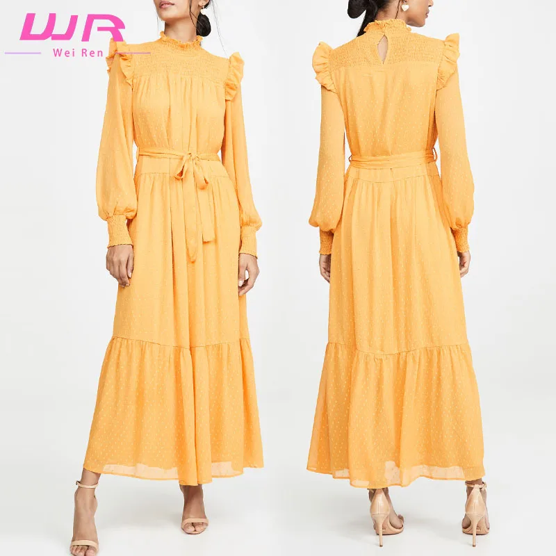 Custom Wholesale Autumn Fashion Casual Dresses Women Elegant Lady Ruffle Lantern Sleeve Chiffon Long Maxi Dress