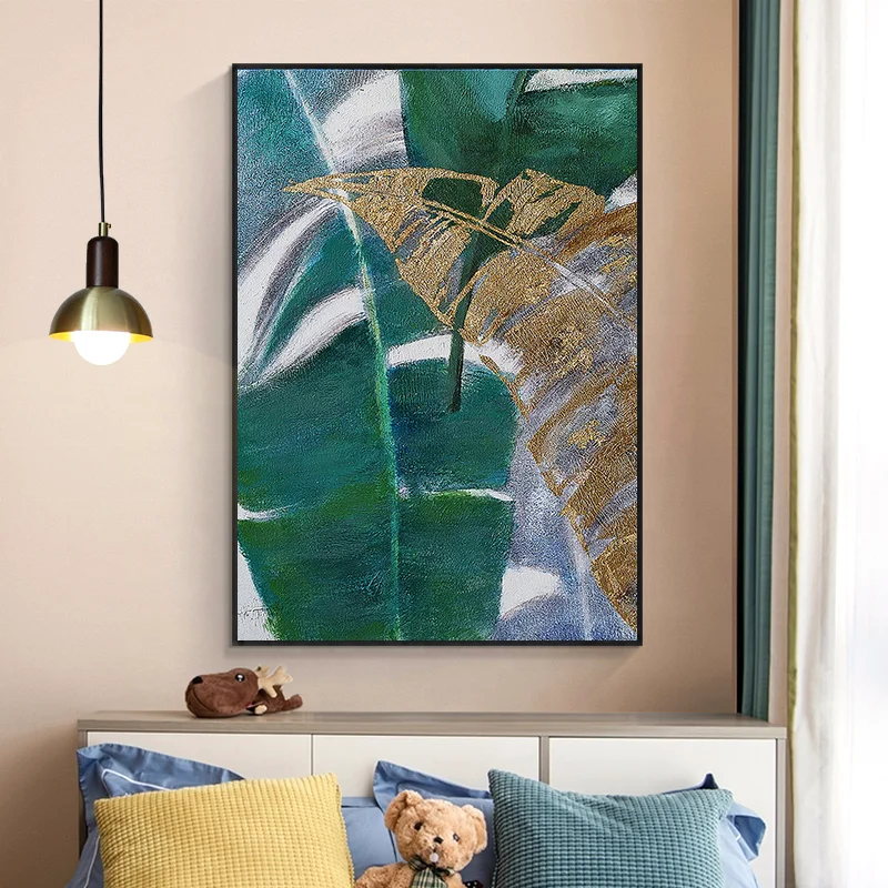 Large Size 100% Hand Painted Canvas Wall Painting Gold Foil Banana Leaf Abstract Scenery Acrylic Brushes Oil