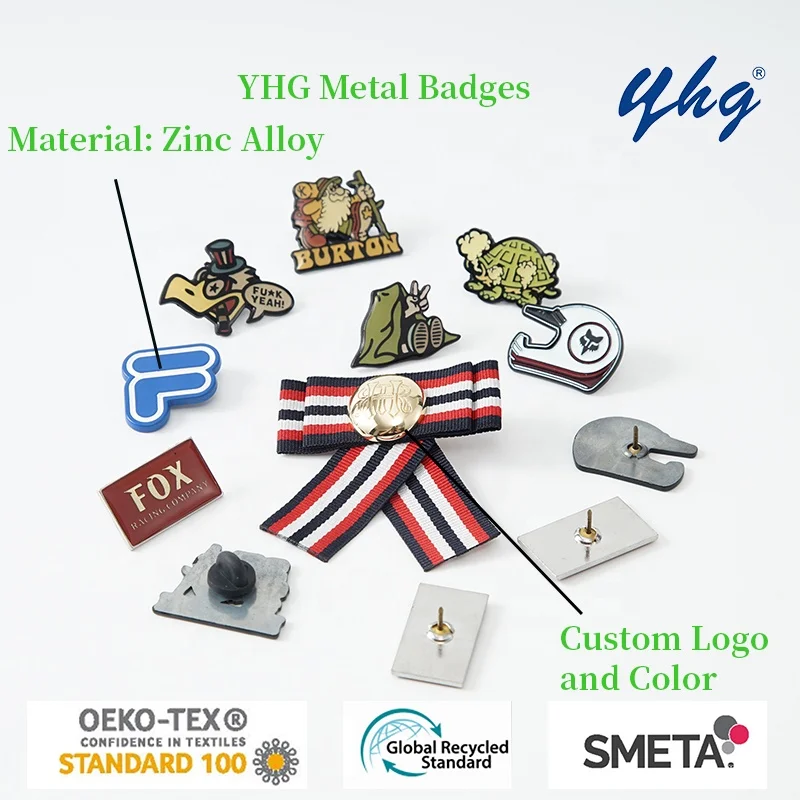 YHG Design Logo Customized Labels School Uniform Metal Zinc Alloy Iron Enamel Pin Badge for Clothes Coat