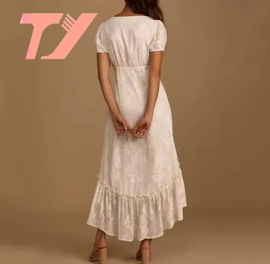 TUOYI Summer Retro Skirt Bottom Lace Design Solid Color Puff Sleeve Midi Dress Floral Print Feminine Sexy V-Neck