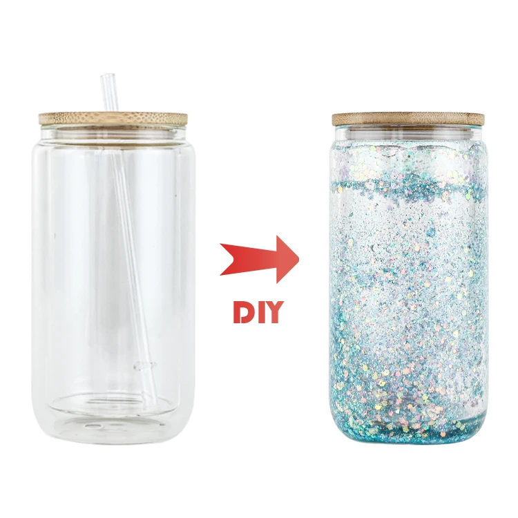 USA warehouse snow globe custom double wall soda glass can pre-drilled 16 oz christmas sublimation glass tumblers