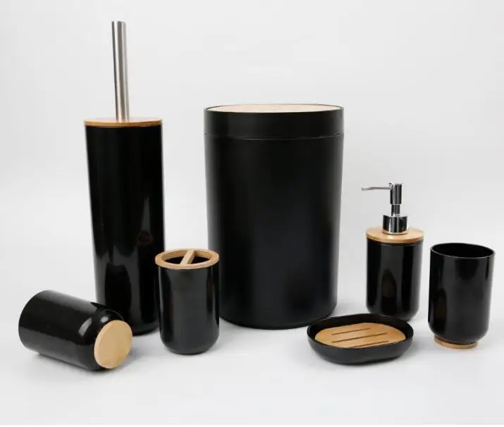 Hot Selling Bathroom Accessories 6pcs Set Bath Toilet Brush Set Household Bamboo Lid Plastic Bathroom Sets