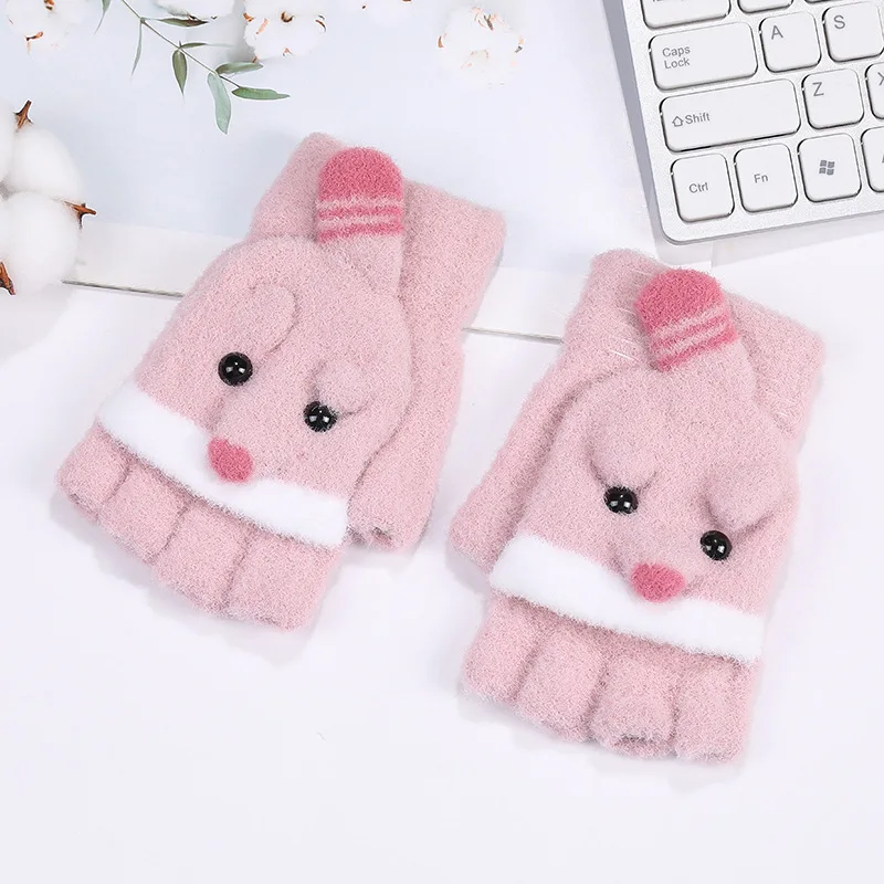 Hot Sale Girl Thicken Warm Mittens Cute Animal Soft Winter Knitted Half Gloves With Flip Style