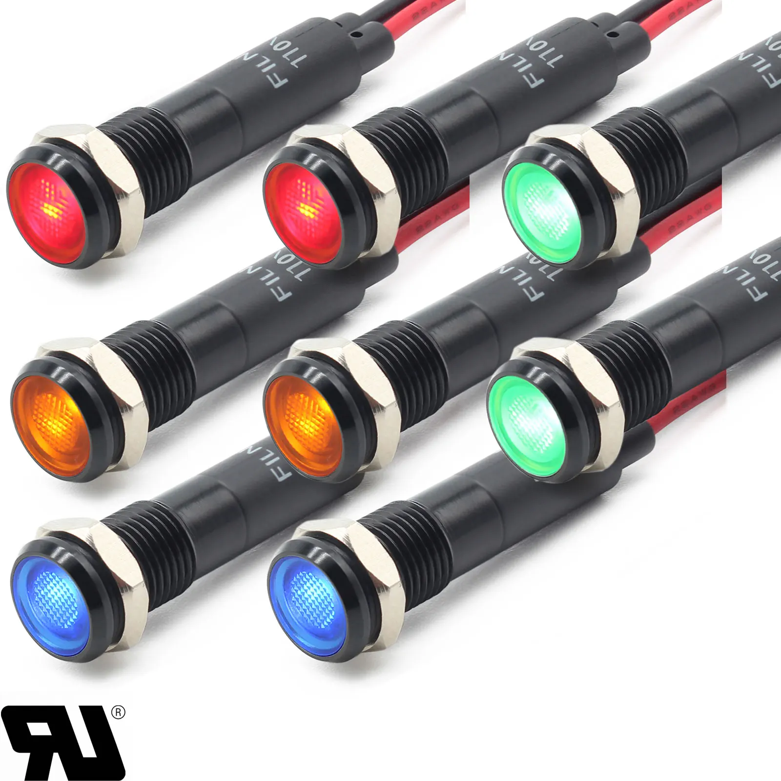 FILN 8MM Indicator Light LED Pilot Lights Metal Black Signal Lamp for Car 12V Waterproof ip67 Red Green Yellow Blue White