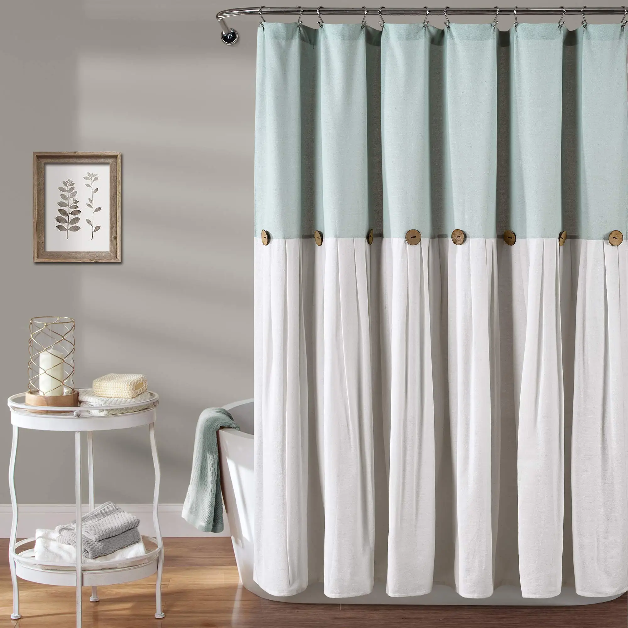 Luxury Linen Bathroom Tuck Pleat Shower Curtains Custom Button Farmhouse Shower Curtain