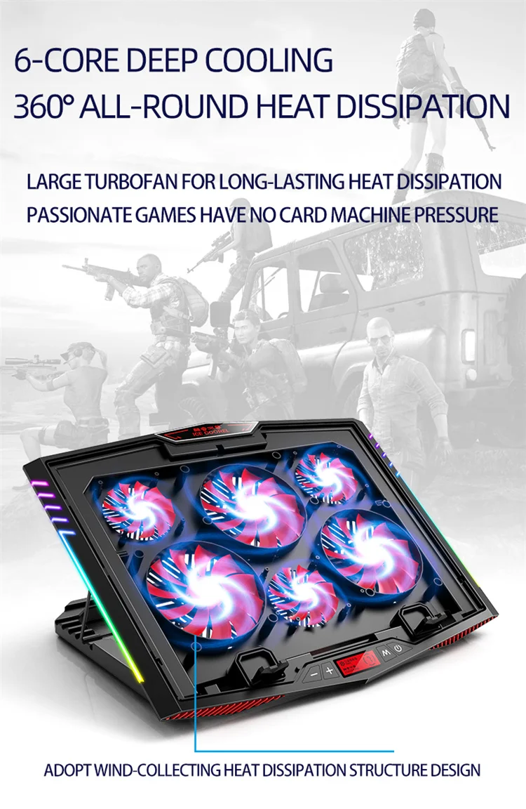 Popular PC Notebook Cooler with 6 Quiet Fans Adjustable Height Laptop Cooler Stand with Phone Holder
