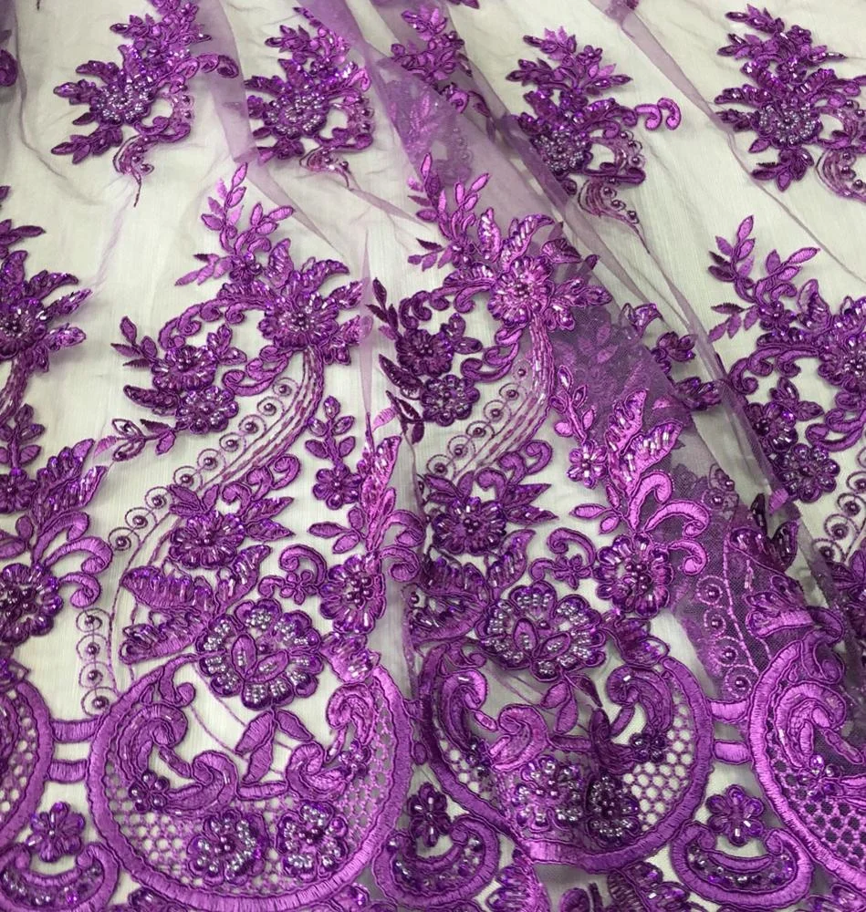 high quality purple beaded lace fabric heavy hand embroidered beaded tulle lace evening dress fabric wholesale, shaoxing fabric