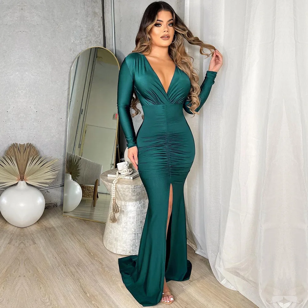 Latest fashion clothing wholesale deep v neck formal long sleeve party slit evening elegant dress