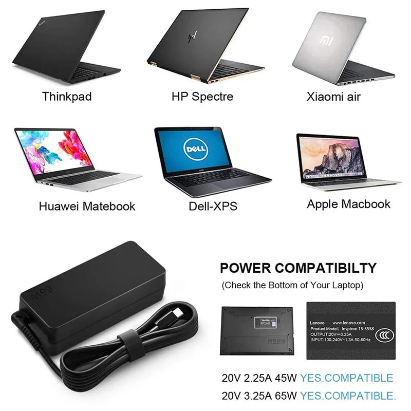 For Lenovo Type-C power adapter 45W 65W notebook power supply PD HP charger USB-C