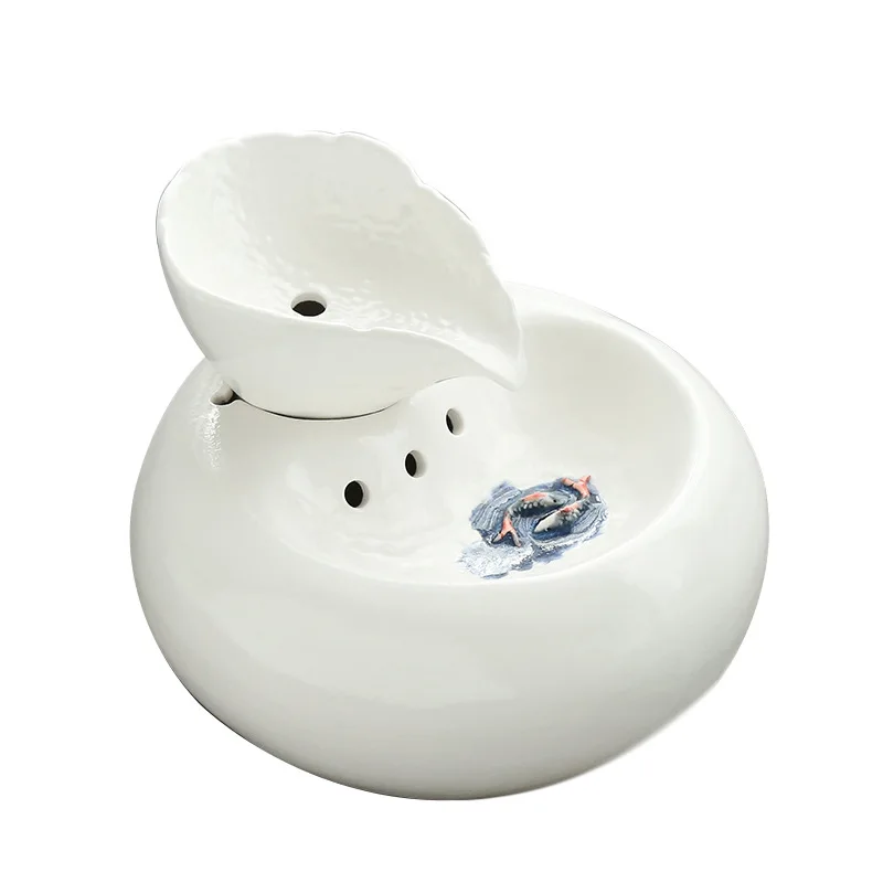 White color Leaf design Cat and Dog Automatic Water Dispenser new arrive printed portable ceramic pet water feed