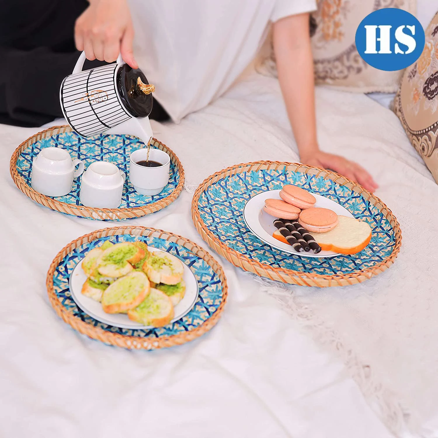 Eco-friendly Round Handwoven Bamboo Wicker Storage Baskets Fruit Vegetable Set 3 Handicraft Wall Decor Serving Basket Tray