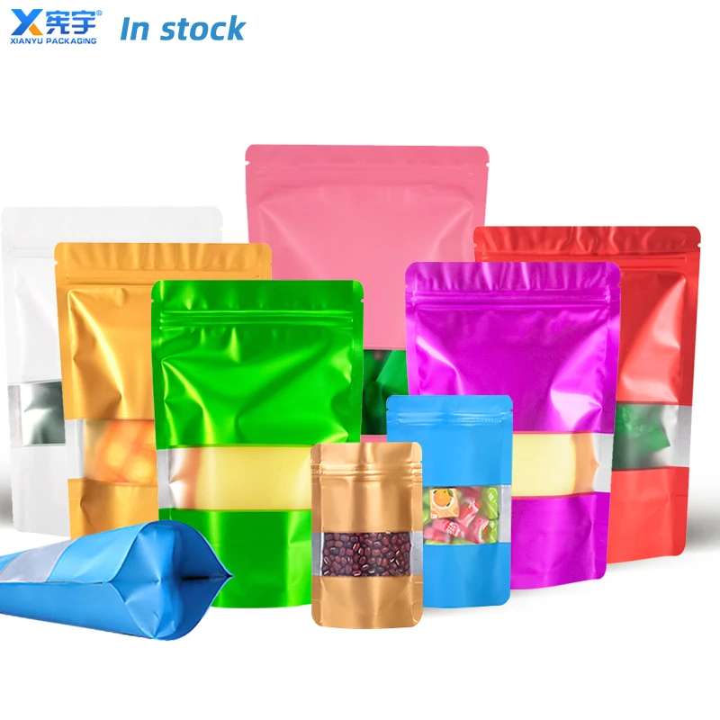 Colored Aluminum Foil Standing Zipper Bag With Window Packaging Food White Matte Zipper Mylar Pouch For Biscuit Candy