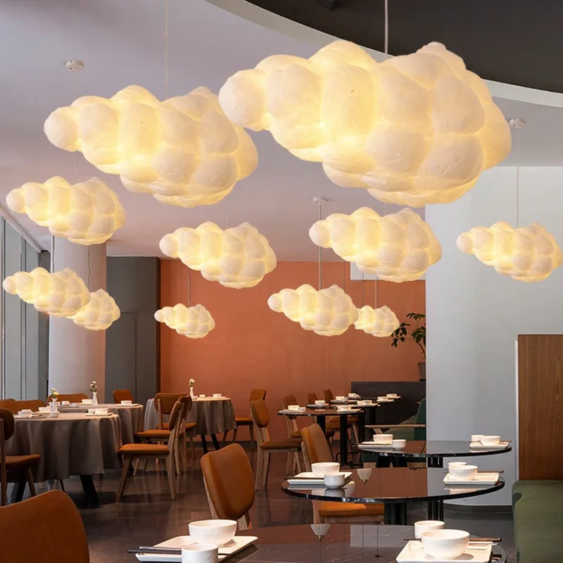 Modern Creative Romantic White Clouds Pendant Lights Led Lightning Effect Lamp White Soft Floating Cotton Cloud Hanging Light