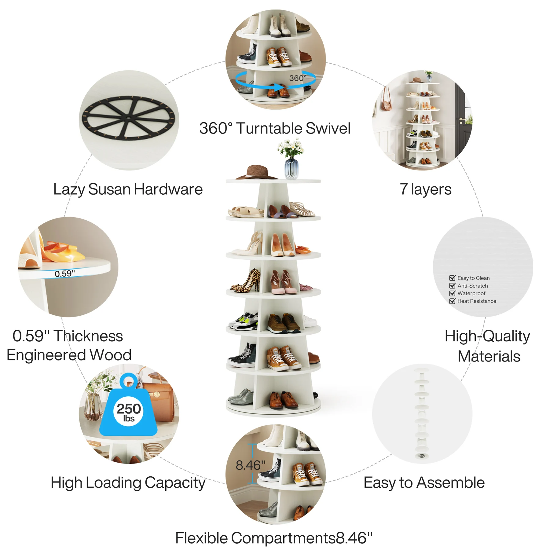 Tribesigns White Modern 7-Tier 24 Pairs Storage Shelf 360 Rotating Revolving Shoe Display Racks cabinet Zapatero giratorio