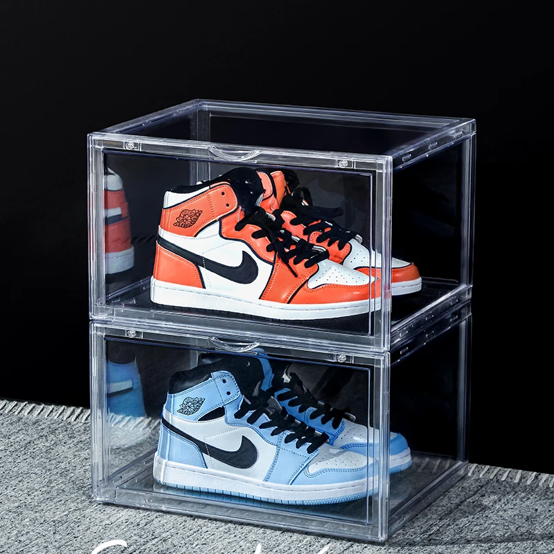 Drop front black transparent stackable shoe box storage shoe container storage box clear acrylic nike magnetic box for shoes