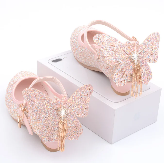 Classic Butterfly Sequins Pu Leather Shoes For Girls High Heels Party Dance Kids Shoes Princess Children Wedding Shoes