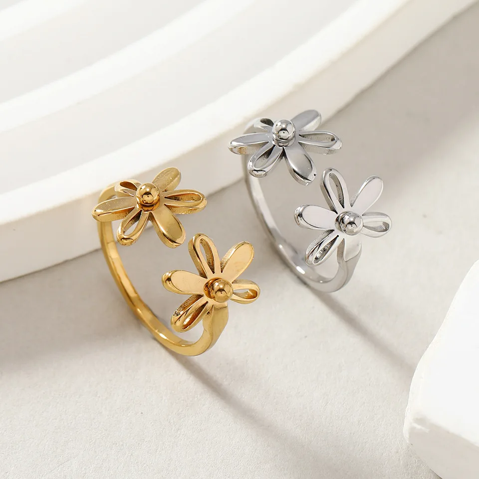 Wholesale Custom 18K Gold Plated Stainless Steel Fashion Ring Big Flower Design Opening Ring Women Delicate Personality Jewelry