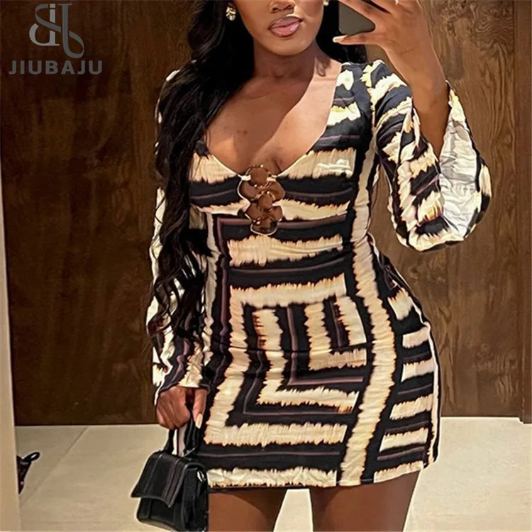 2024 Spring Fall Sexy Stripe Print Zebra Print Bodycon Mini Dress Women Long Sleeve Cut Out Sundress