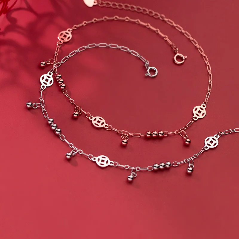 Bijoux Wholesale Hollow Coin Glossy Beads Anklets For Women 925 Sterling Silver Fine