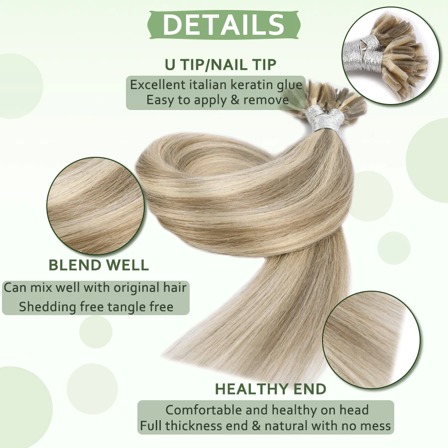 Neitsi Nail U tip 100% Human Hair Extensions Straight natural Machine made Remy Keratin Pre Bonded Human Hair Capsules 12-28inch