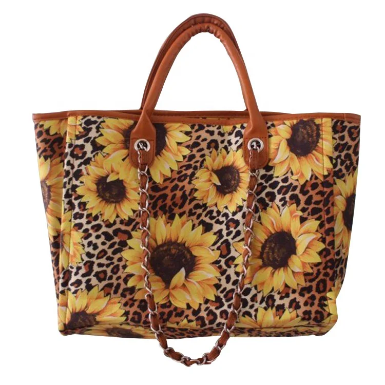 Women Sunflower Cow Print Bull Head Chain Leather Large Tweed Bag