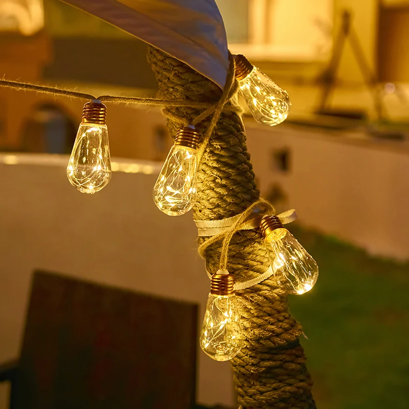 Waterproof IP65 Shatterproof A60 ST64 Copper Wire Bulbs Hemp Rope Outdoor Led String Lights Christmas lighting