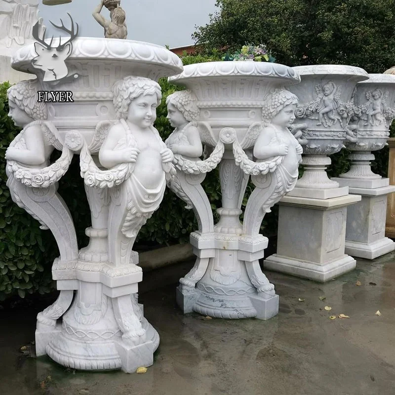 Custom Garden Stone Carvings and Sculptures White Marble Flowerpot Urn Planters
